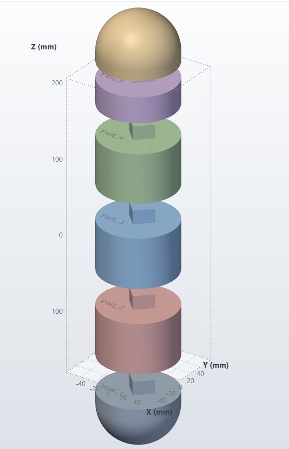 A column cut into six parts with a square plug between each pair