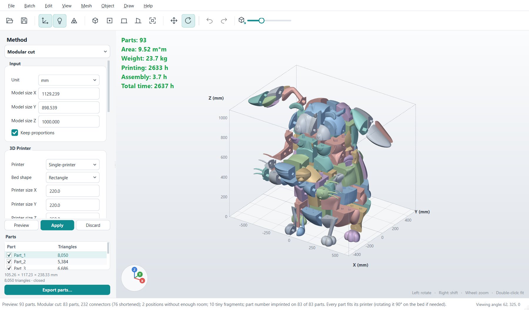 The Officina 3D Studio window: method and printer settings on the left, the cut model with green print statistics on the right